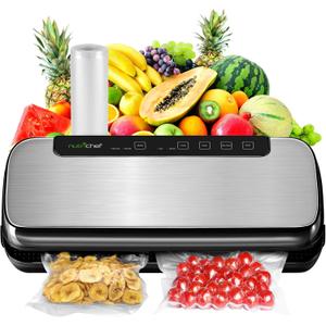 NutriChef Food Vacuum Sealer Machine, Stainless Steel Automatic Air Sealing System for Dry/Moist Foods, LED Touch Controls, Includes Vacuum Hose, Bag Roll and Wine Stopper, 110W Suction Power, 14"x6"