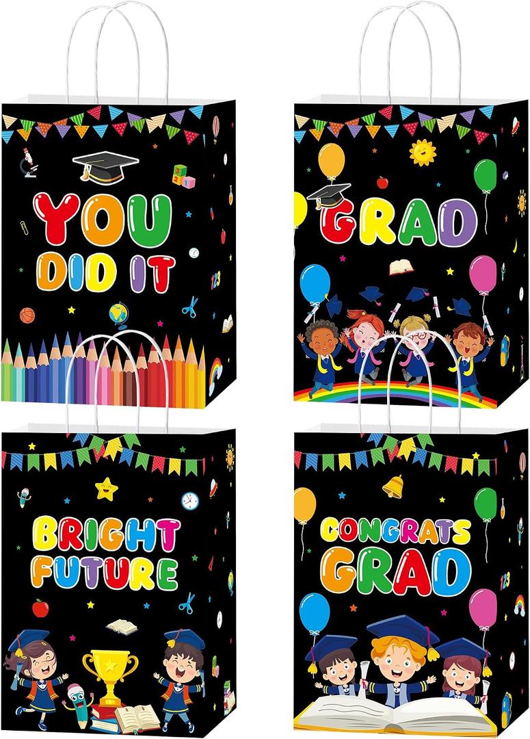 MOIZYNG 16PCS Kindergarten Preschool Graduation Gift Bags, Black Congrats Grad You Did It Paper Snack Treat Candy Goodie Bags with Handles for Boys Girls Kids Graduation Party Favors