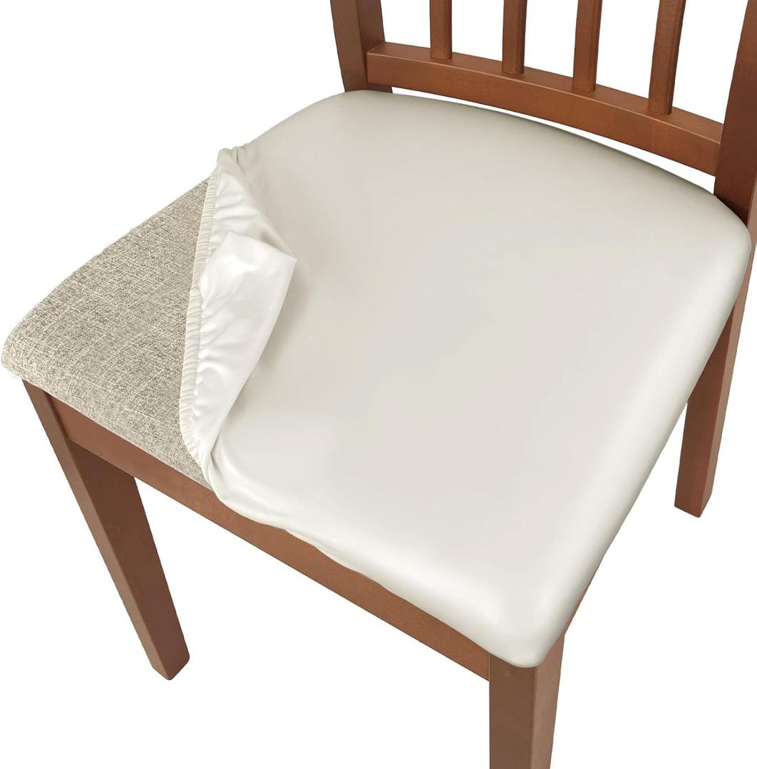 PU Leather Seat Covers for Dining Chairs, 8 Pack 100% Waterproof Dining Room Chair Seat Covers Stretch and Wipeable Kitchen Chair Cover Protectors (PU Cream, 8 PCS)