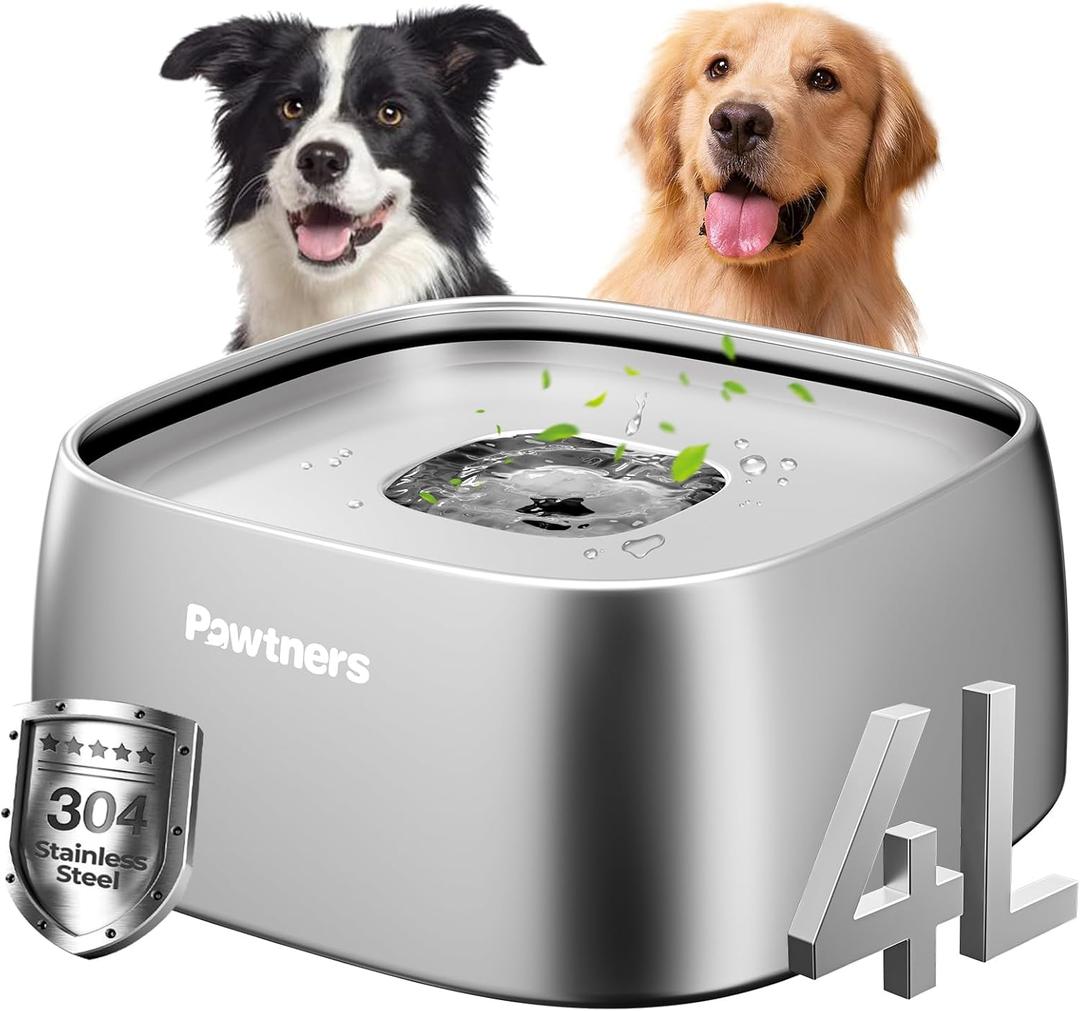 Upgrade No Spill Water Bowl for Dogs, 135oz/4L All Stainless Steel Dog Water Bowl with Non-Slip Base, Spill Proof for Medium Large Messy Drinkers, Anti Splash, Slow Drinking, Slobber Stopper, Silver