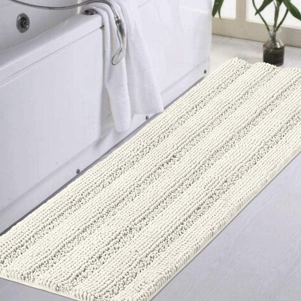 Turquoize Chenille Bath Rug - Non Slip, Absorbent, Thick Shaggy Mat for Bathroom, 47x17 Inches, Cream