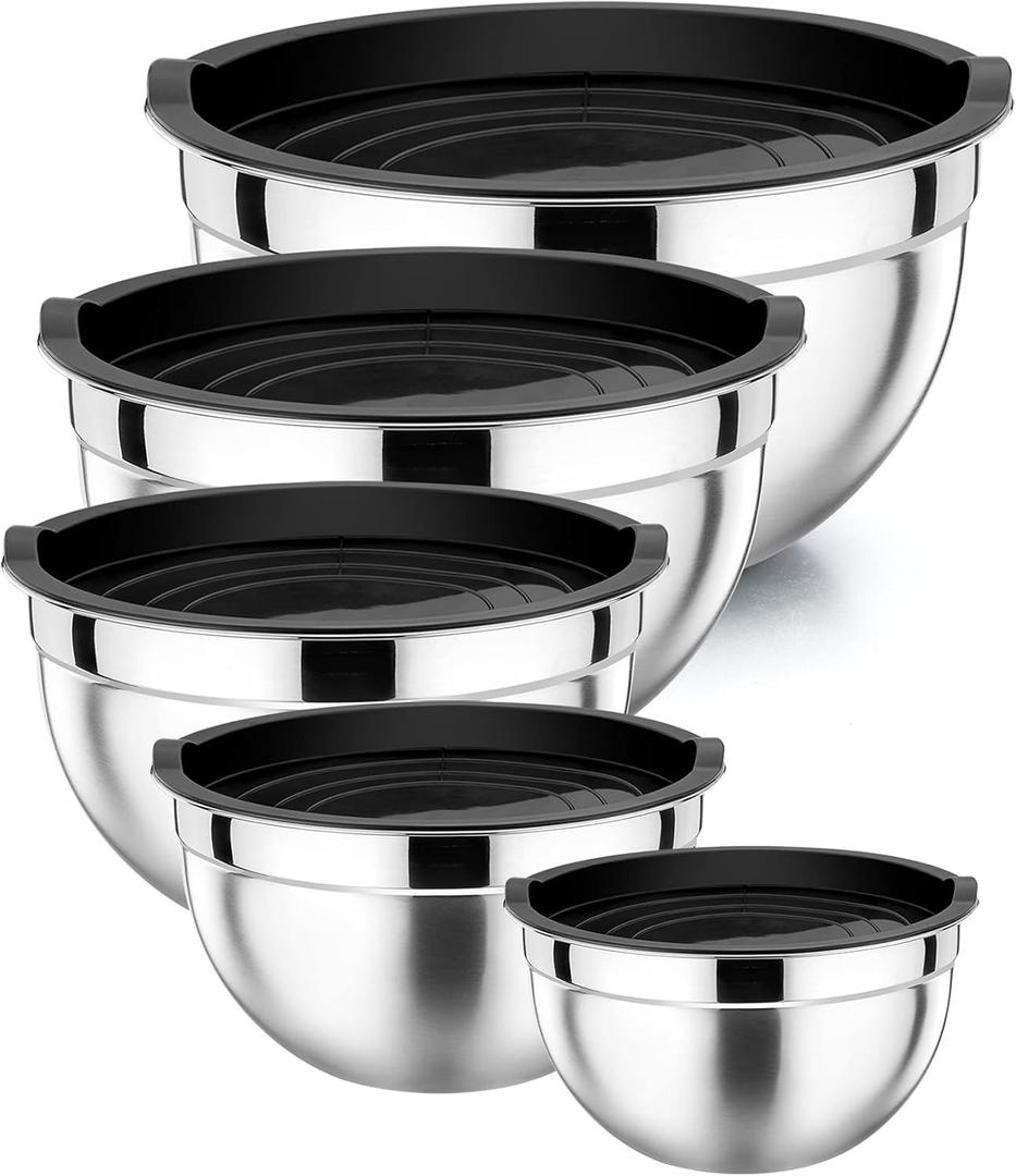 P&P CHEF Mixing Bowls with Airtight Lids Set of 5, 10-Piece Stainless Steel Mixing Nesting Bowl, Metal Bowl with Lid for Kitchen Prepping & Storing, Size 4.6, 3, 1.5, 1, 0.7 QT, Black