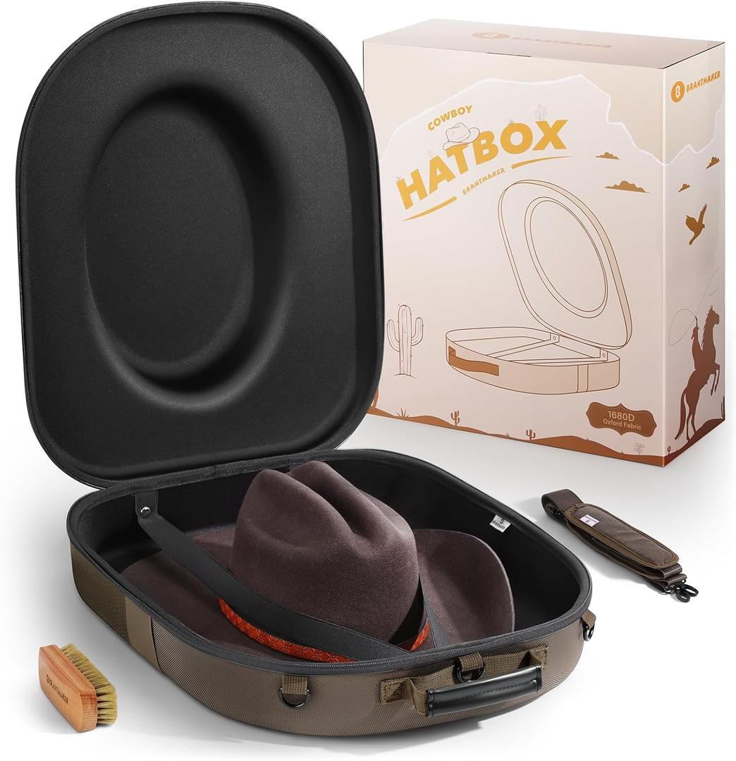 BRANTMAKER Cowboy Hat Box, Cowboy Hat Case for Travel, Crush Proof Storage for Western/Panama/Fedora, Carrier with Adjustable Shoulder Strap & Brush
