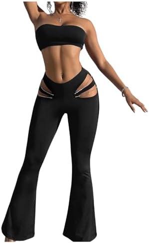 GORGLITTER Women's Rave Cut Out Pants High Waisted Flare Leg Y2K Going Out Pants Disco Bell Bottom Trousers Size S
