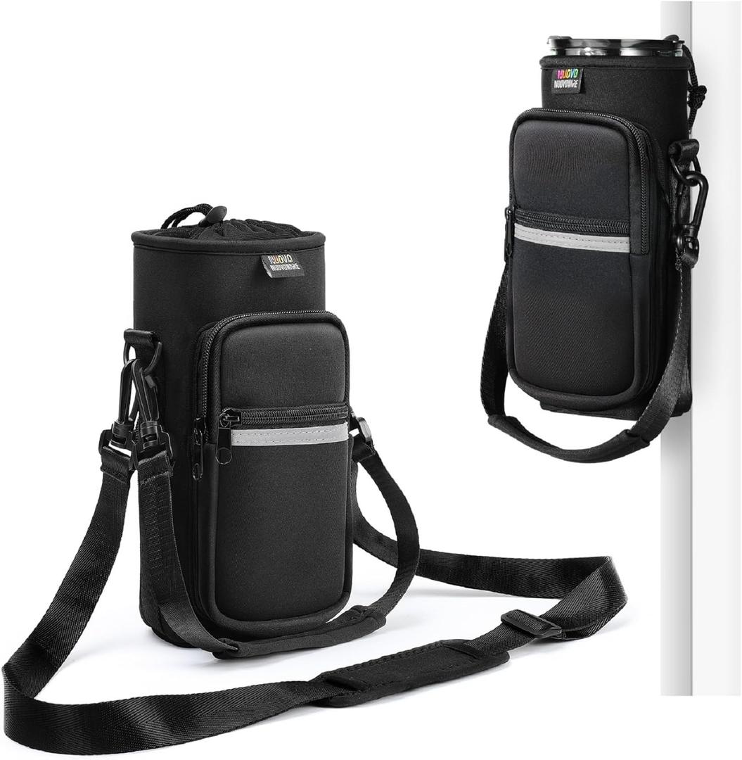 Nuovoware Water Bottle Carrier Bag,25oz/40oz/64oz Bottle Pouch Holder,Adjustable Shoulder Hand Strap 2 Pocket Sling Neoprene Sleeve Sports Accessories for Hiking Travelling Camping (Black+White)