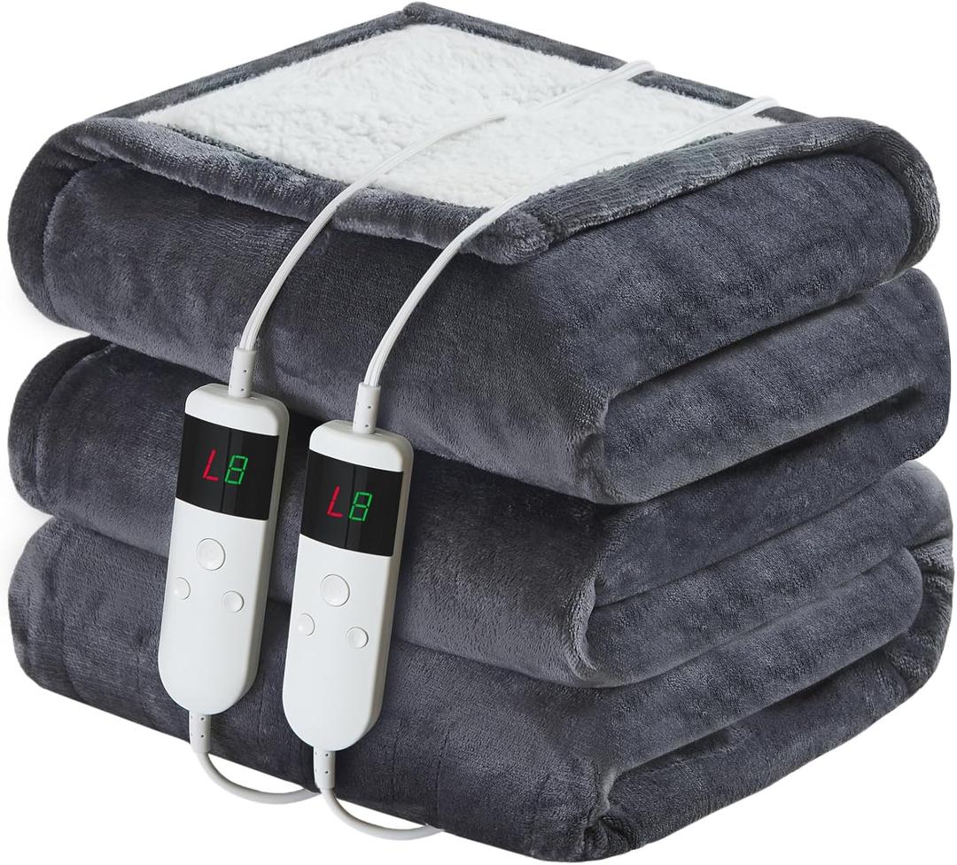 Electric Heated Blanket Queen Size 84''x90'' Soft Flannel & Sherpa Electric Blanket with 10 Heating Levels, Automatically Shut Down After 8h with Overheat Protection Machine Washable (Dark Grey)