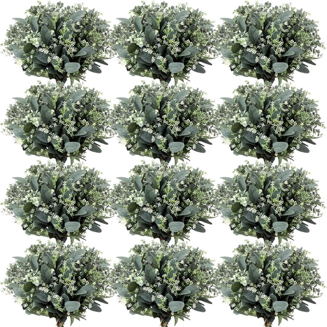Janinka Mixed Eucalyptus Leaves Stems Bulk with White Seeds Artificial Silver Dollar Leaves Sprays Faux Oval for Wreath Garland Floral Bouquets Arrangement Wedding Greenery Decoration(60 Pcs)