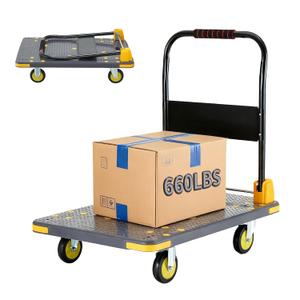 Push Cart Dolly  Foldable Heavy-Duty Flatbed Platform Cart with 360 Rotating Wheels for Moving, Ideal for Food Trucks and Trailers, 660 lb Load Capacity, BlackGray
