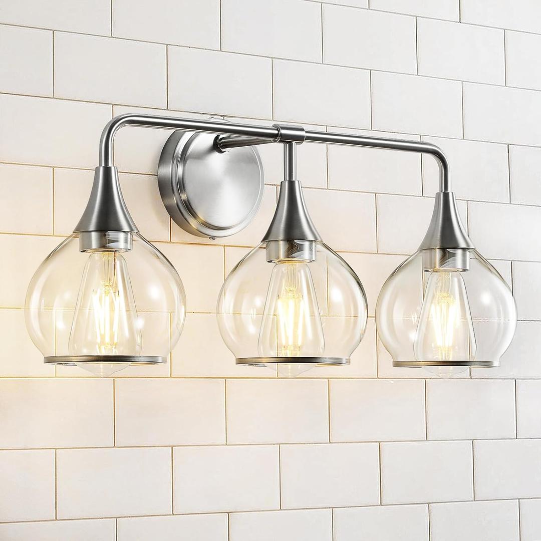 Brushed Nickel Bathroom Vanity Light 3 Lights Bathroom Light Fixtures Over Mirror with Clear Glass Shade 22.4 inch Wall Sconces Lighting Bath(Exclude E26 Bulb), 3 Light with Clear Globe