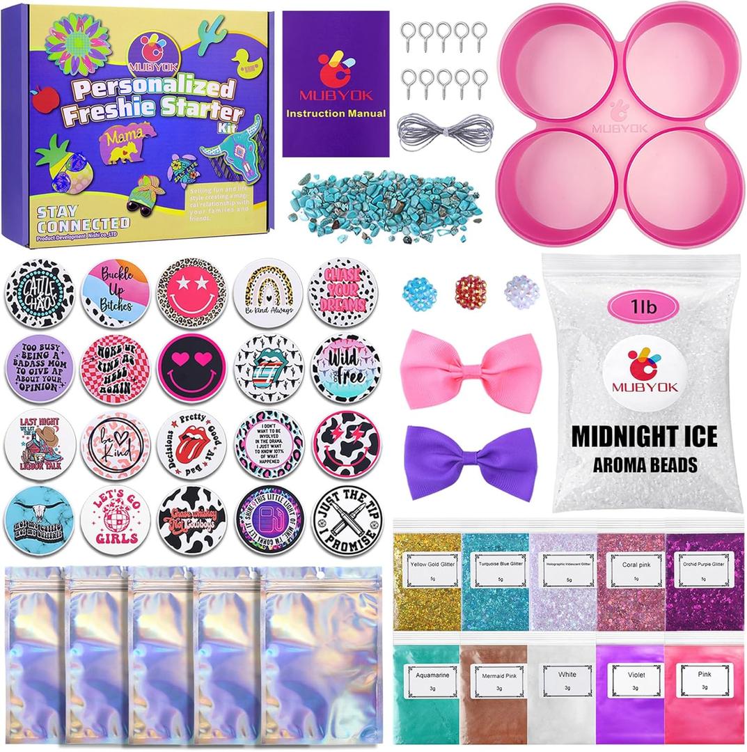 MUBYOK M436 Car Freshie Supplies Starter Kit with 1LB Scented Aroma Beads,4 inch Circle Silicone Molds and CardStock(Make 5 Freshies)