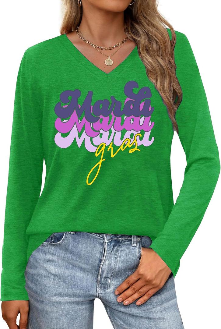 Mardi Gras Shirts for Women Mardi Gras Long Sleeve Shirt Fat Tuesday T Shirts Mask Graphic Tees New Orleans Party V Neck Top, L
