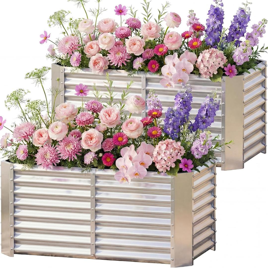 AHEONLAR 2 Pack 422ft Galvanized Raised Garden Beds, Rectangle Durable Planter Boxes Outdoor for Vegetables, Fruits, Flowers and Plants, Quick Assembly, Silver, 4x2x2ft