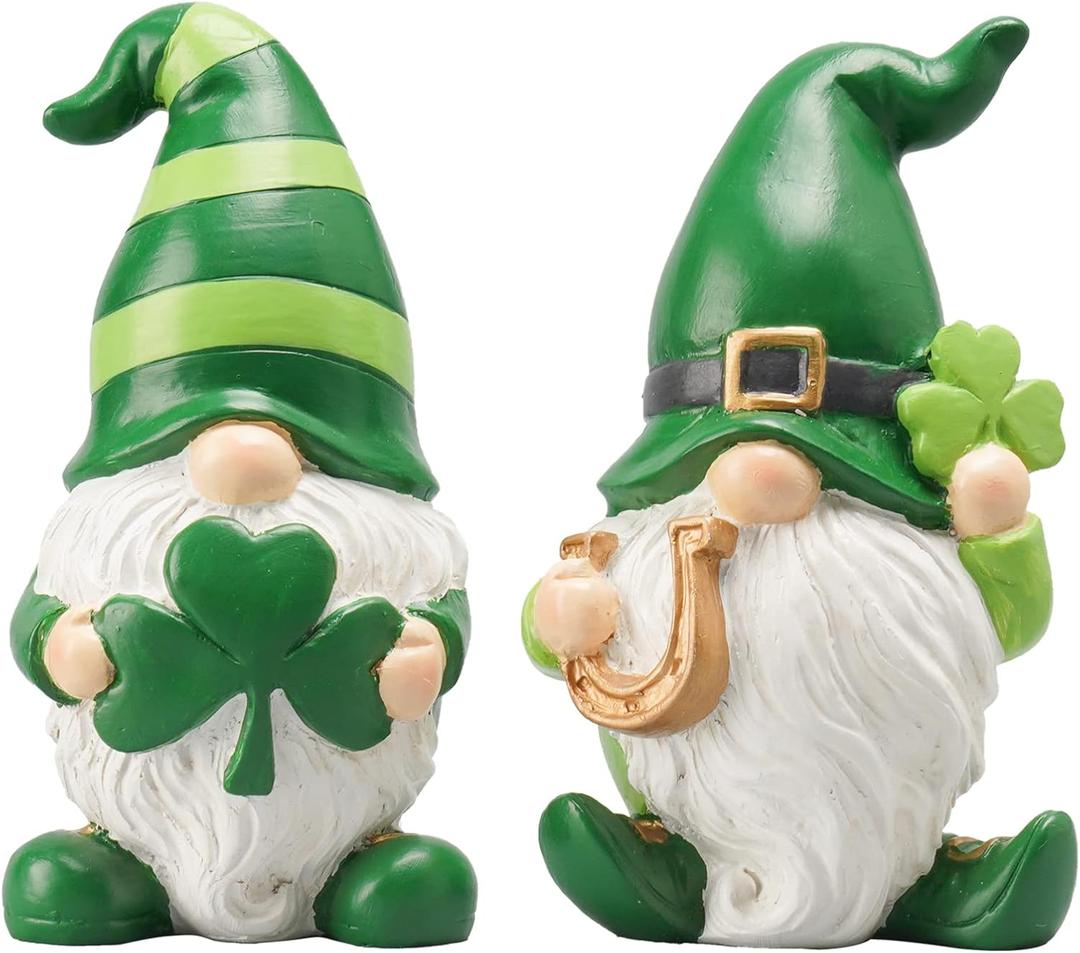 Newman House Studio St Patricks Day Decorations Gnome Dcor - 2Pc Resin Gnome Figurines with Green Shamrock Horseshoe Modern Farmhouse Dcor for Tabletop Home Dcor
