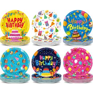 60Pcs Happy Birthday Plates Party Supplies 7 Colorful Birthday Plates Colorful Happy Birthday Tableware Party Decorations for Kids Boys Girls Birthday Cake Dinnerware Party Favors for 60 Guest