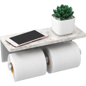 Brushed Nickel Toilet Paper Holder with Shelf, New Upgrade Double Toilet Paper Holder with Storage, Marble Roll Toilet Paper Wall Mount for Bathroom Washroom