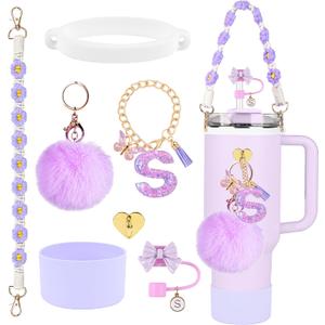Stanley Cup Accessories Set, 10mm Stanley Straw Topper, Siliocne Boot, Water Bottle Handle Strap, Letter Charms for Cup 40oz 30oz Tumbler (S)