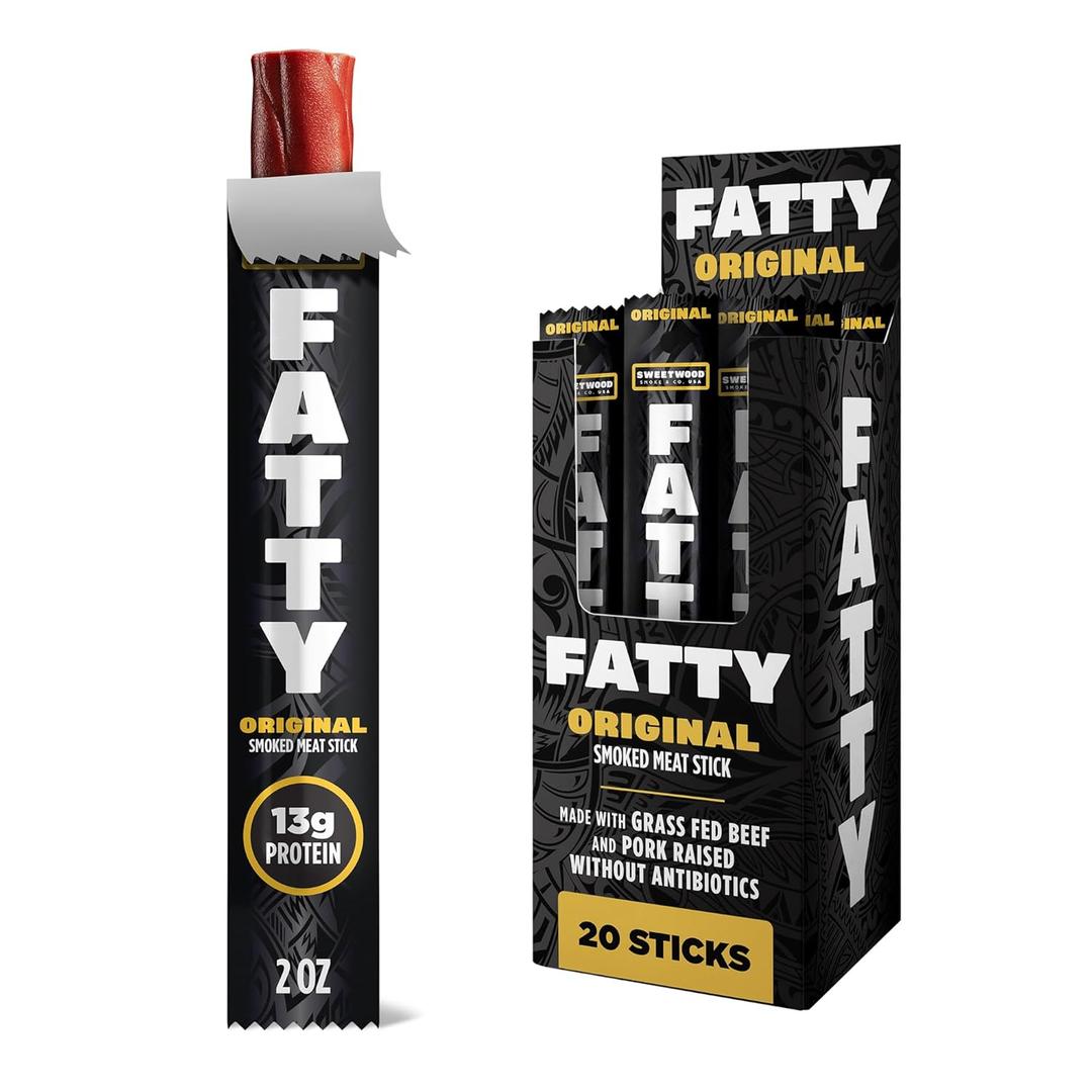 FATTY Meat Sticks, Made with Grass Fed Beef, Pork Raised Without Antibiotics, 13g Protein Per Serving, Original, 2 oz. (Pack of 20) (EXP 05/27/27)