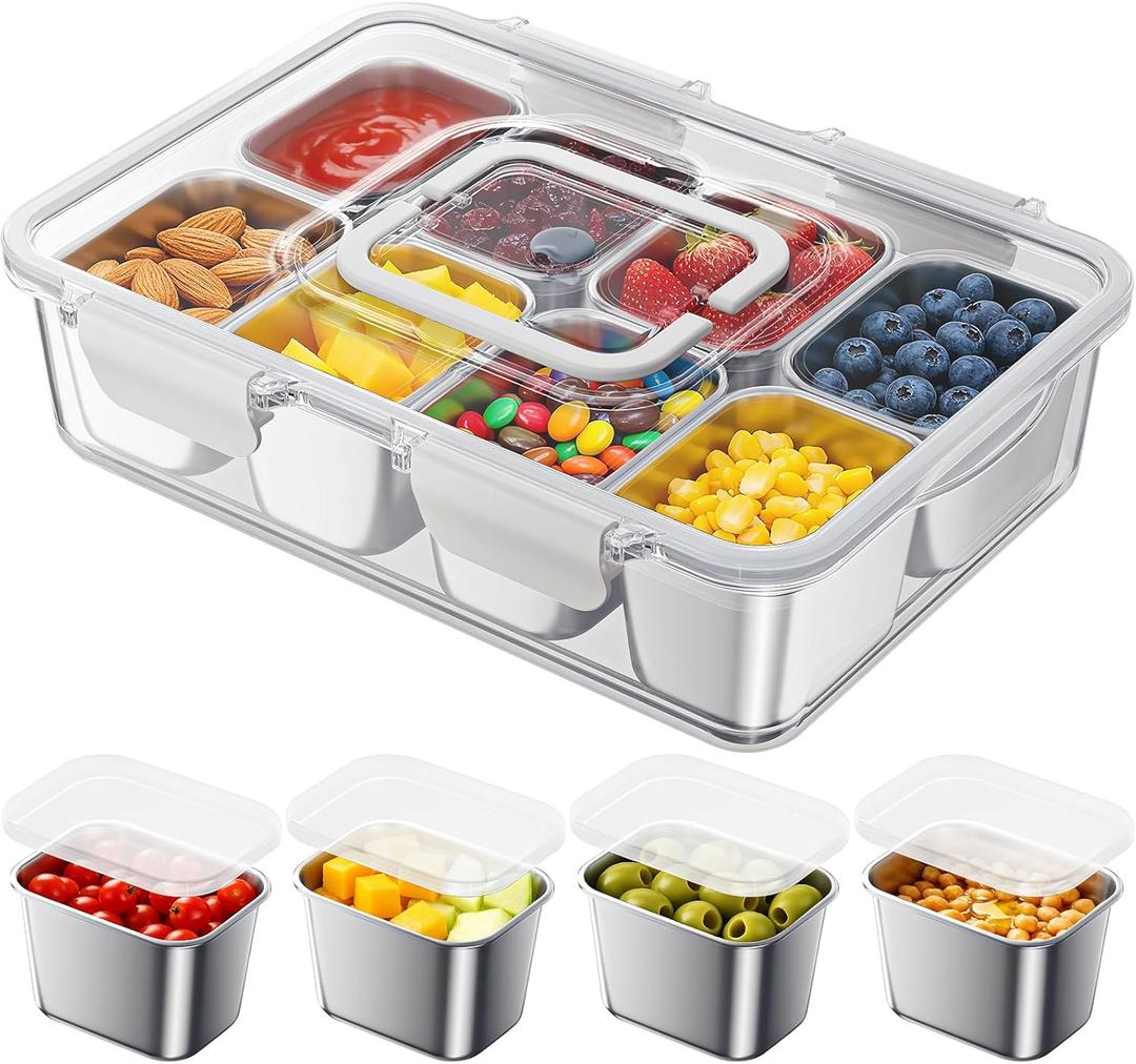 Snackle Box Container with 8 Removable Stainless Steel Compartments Divided Serving Tray with Portable Handle for Beach, Road Trip, Picnic, Boat Days, Ball Games, Pool and Parties