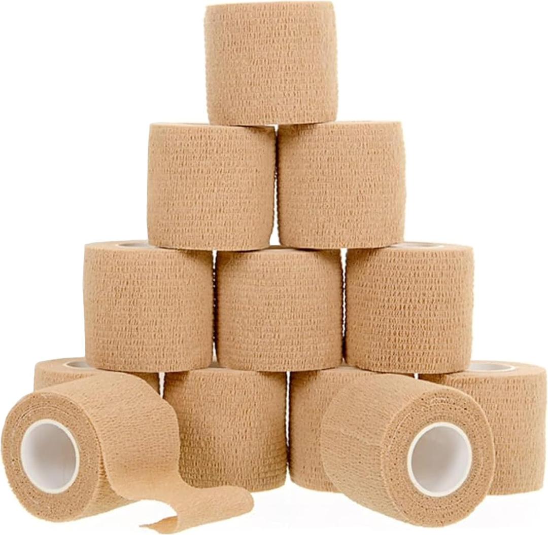 12 Pack Self-Adhesive Bandage Wrap - 2 Inches x 5 Yards - Elastic Self Adherent Cohesive Wrap Bandage - Breathable Athletic Tape for Wrists, Knee, Ankle - First Aid Sports - Brown