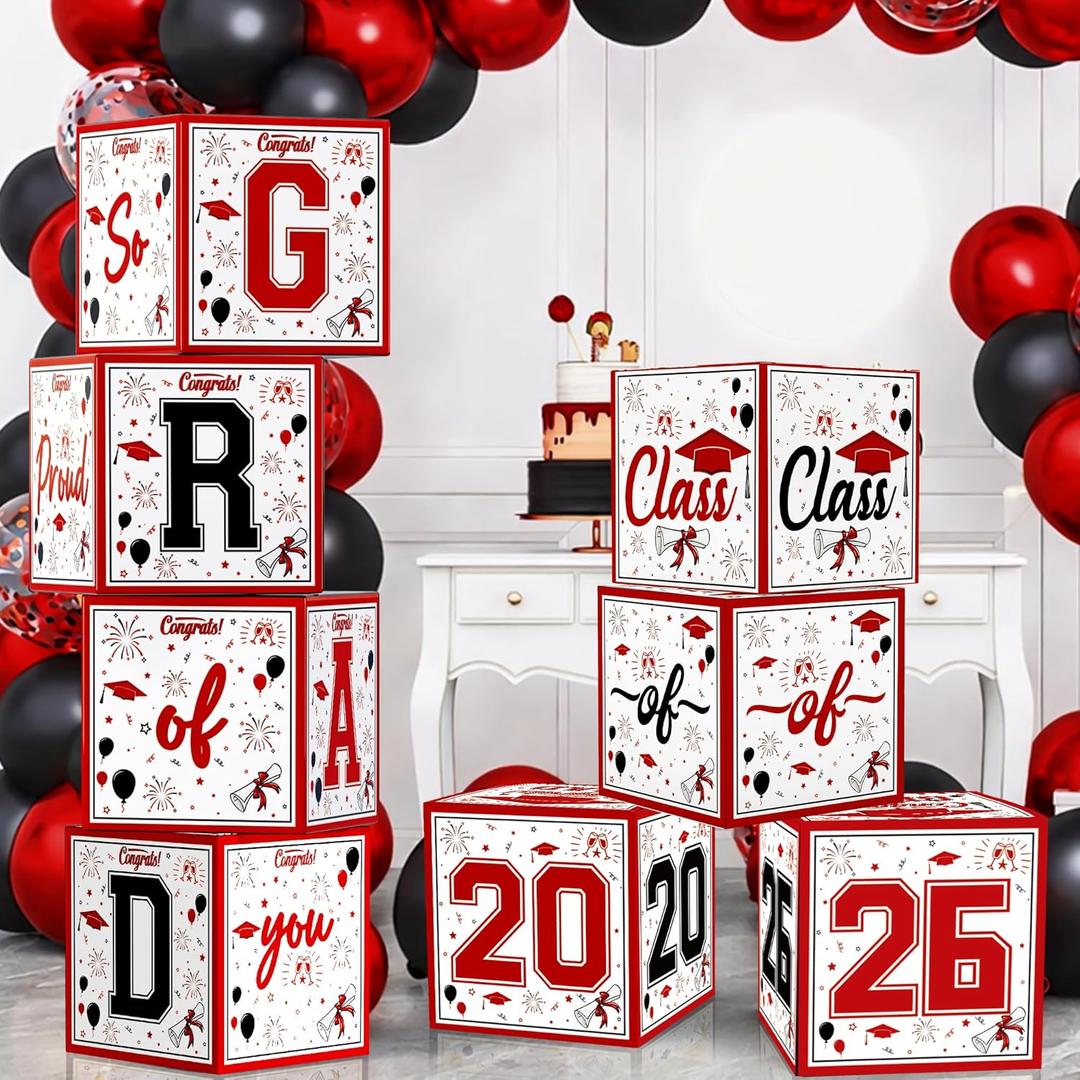 OHOME 8 Pack Graduation Decorations 2026 - Graduation Party Decorations 2026 - Balloon Boxes for Class of 2026 Party Favors Supplies - Yard Signs Banner Backdrop Decor (Red)