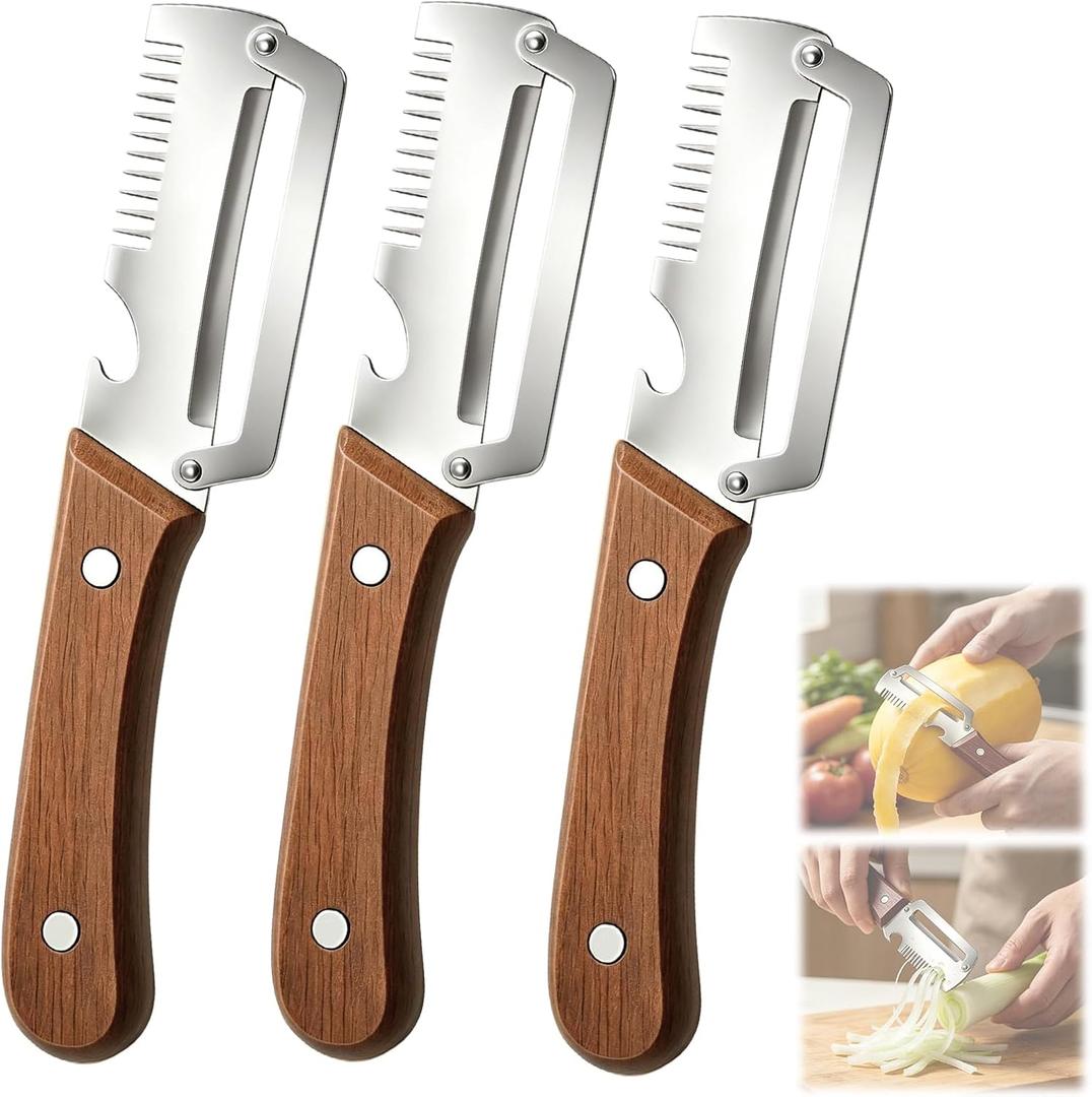 3PCS Multifunctional Vegetable Peeler, 3 in 1 kitchen gadgets, With wooden handle & bottle opener and grater, for potatoes garlic sugarcane carrots and other vegetables or fruits