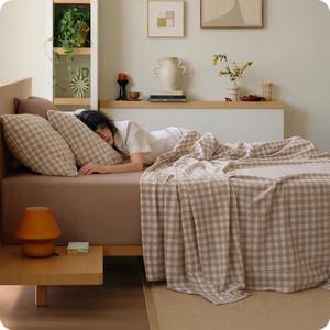 Bedsure 100% Washed Cotton Percale Sheets King Size - Linen Like Textured Gingham Sheets, 6-Piece Bedsheet Set with 18" Deep Pocket, Breathable & PureWoven Soft Comfy (Gingham Brown, King)