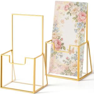 2 Pcs Gold Glass Brochure Holder Stand, 4 Inch Wide Trifold Handouts Countertop Clear Literature Pamphlet Flyer Holder brochure display stand for Magazine Booklets Menu Journals