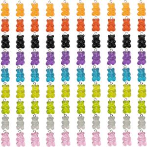 TIHOOD 100 PCS Resin Gummy Bear Pendant Colorful Candy Charms Cartoon Keychains Necklace Charm Cute Bracelet Accessories for Child DIY Craft