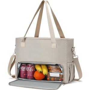 Lunch Tote Bag for Women with 15.6" Laptop Compartment, Work Tote Bag with Insulated Lunch Compartment, Large Casual Canvas Cute Handbag Luncg Bags for Nurse, Teacher, Office, Travel, Beach, Khaki
