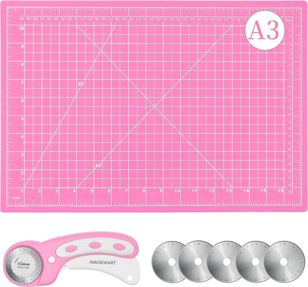 45mm Rotary Cutter and Mat Set, Fabric Cutter Wheel and 12x18 Inch Self Healing Sewing Cutting Mat, Fabric Rotary Cutter with 5pcs Rotary Blades for Quilting Patchworking Crafts, Pink