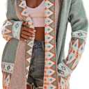 Ebossy Women's Fashion Aztec Print Jacquard Knit Open Front Cardigan Lapel Long Sleeve Boho Graphic Long Sweater Coat (X-Large, Green)