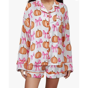 MBZJSDKHLK Women's Halloween Pajamas Set Silk Satin Pumpkin Print Long Sleeve Button Down Shirt 2 Piece Pjs Shorts Sets, L