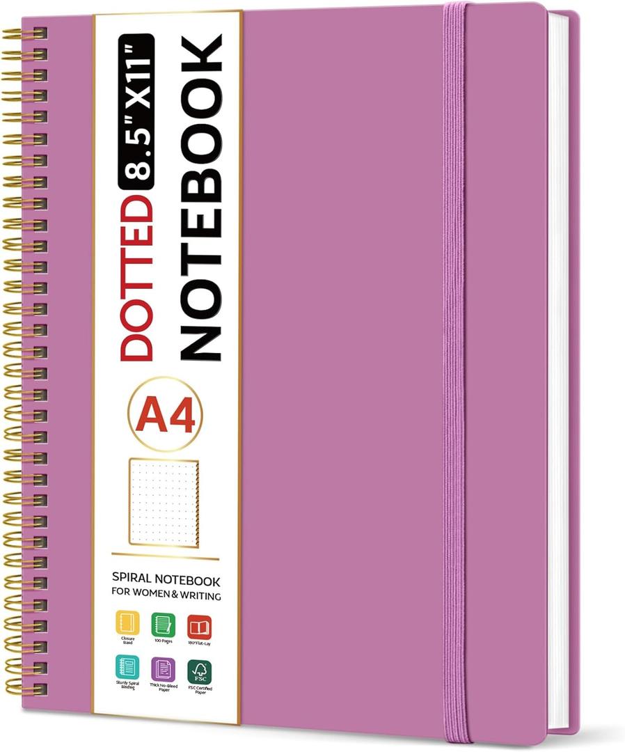 Taja Spiral Dotted Notebook, 8.5"x11" Notebooks for Work, Large A4 Journal for Women & Men, Dotted Journal, Journaling Notebook for Writing, Plastic Cover Spiral Journal, Purple