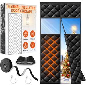 Upgraded Magnetic Thermal Insulated Door Curtain for Winter with Clear Window, Fit Door Size 32x80 in, Heavy Duty 4-Layer Oxford with Thicken Cotton, Self-Closing for Sliding Glass Doorways, Black