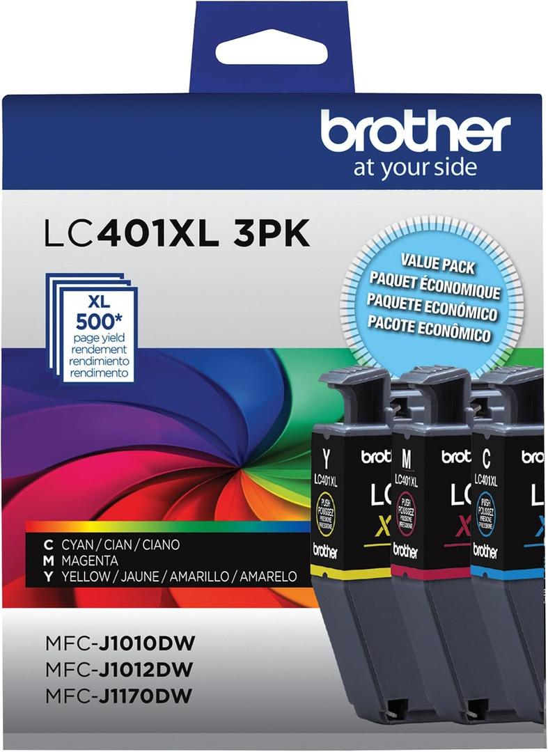 Brother Genuine LC401XL 3PK High Yield 3-Pack Color -Ink -Cartridges Includes 1- -Cartridge Each of Cyan, Magenta and Yellow -Ink.