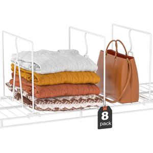Wire Shelf Dividers for Closet: 12" D x 10.6" H Sturdy Metal Rack Separators for Pantry Organization, Clothes, Purses, Towels - White Coated Steel Accessories Fit Wire Shelving (8 Pack)