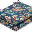Pillow Perfect Floral Indoor/Outdoor Chair Seat Cushion with Ties Squared Corner, Plush Fiber Fill, Weather, and Fade Resistant, 16" x 18.5", Blue/Tan Telfair Peacock 2 Count