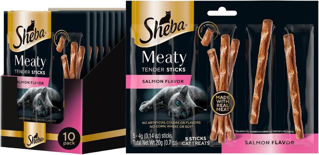 Sheba Meaty Tender Sticks Chicken Cat Treats, Salmon Flavor, Cat Snacks, 0.14 oz., 5 Count, Pack of 10 (50 Sticks Total) Best By 07/23/27