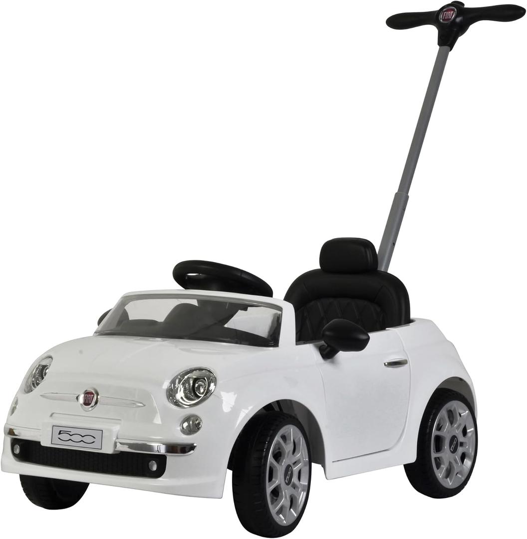 BEST RIDE ON CARS Fiat 500 Push Car for Kids, White, Stroller, Adjustable Handle, Music, Stable Wheels, Safety Belt, Multi-Functional Steering Wheel