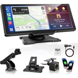 Portable Carplay Screen for Car, 10.26" Wireless Carplay & Android Auto Car Play Touchscreen with 1080P Backup Camera, GPS Navigation, Voice Control,5.0 Bluetooth (10.26inch)