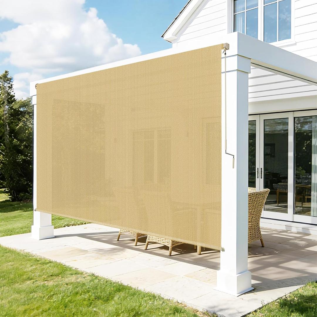 Outdoor Roller Shades for Patio, 8' W x 8' H Cordless Patio Shades Roll Up Outdoor Blinds with Splicing Design, 90% UV Protection for Porch Gazebo Pergola, 2 Poles & 1 Fabric, Sesame, 96"W x 96"H