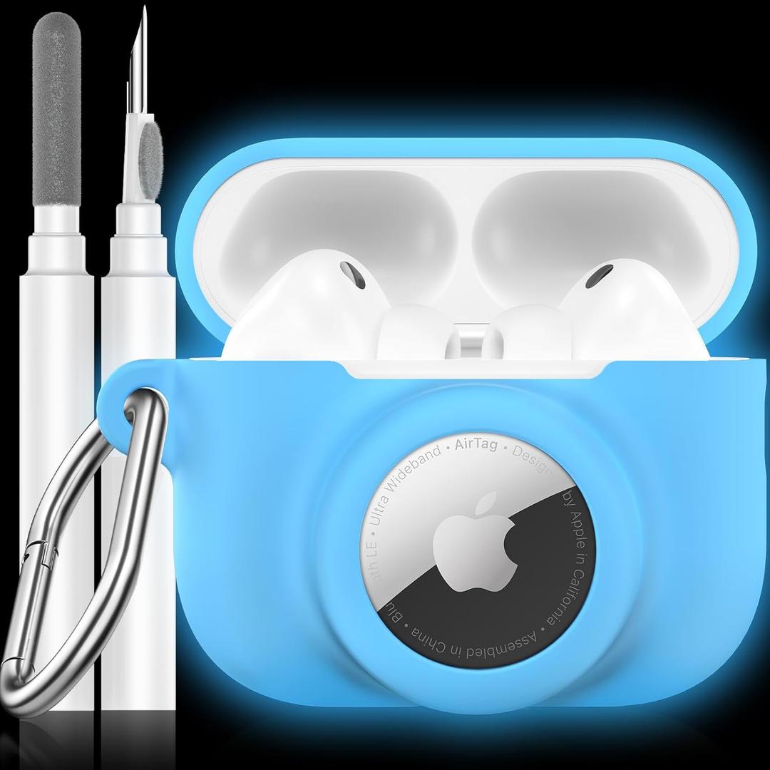 2 in 1 Silicone Case Compatible with AirPods Pro 3 and AirTag 2/1, Shockproof Protective Case Cover for AirPods Pro 3rd Generation 2025 with Cleaner Kit & Carabiner (Glow Blue)