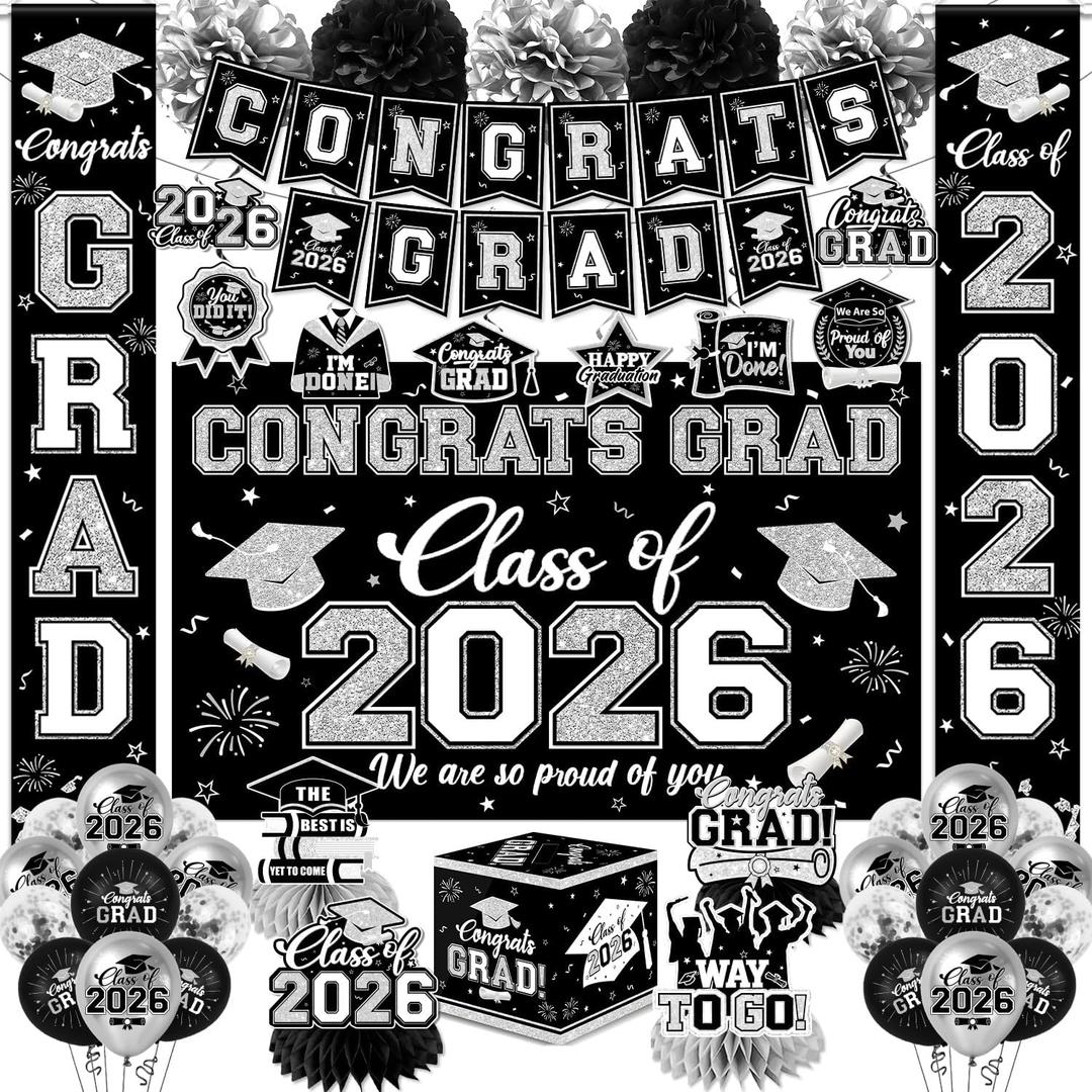 Black and Silver Graduation Decorations 2026 Set, All-in-1 Kit with Congrats Grad Banner Class of 2026 Backdrop Porch Sign Balloons Centerpieces Card Box Pom Poms Streamers for College High School
