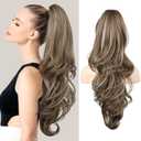 FLUFYMOOZ 26" Ponytail Extension, Long Wavy Curly Claw Clip in Ponytail Hair Extensions, Natural Synthetic Hairpiece for Women Daily Wear(Medium Brown Ash Blonde)