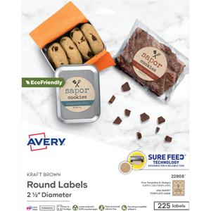 Avery Kraft Brown Round Labels with Sure Feed Technology, 2.5" Diameter, Print to The Edge, Laser/Inkjet Printable Labels, 225 Total (22808) (2.5 inch (Pack of 1))