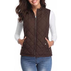 Fuinloth Women's Lightweight Warm Puffer Quilted Vest - 4-Pockets Stand Collar Zip Gilet, Fall Winter Outerwear (Brown, S)