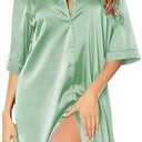 Ekouaer Women's Satin Nightshirt Button Down Sleepshirt Silk 3/4 Sleeve Nightgown Boyfriend Notch Collar Sleepwear M