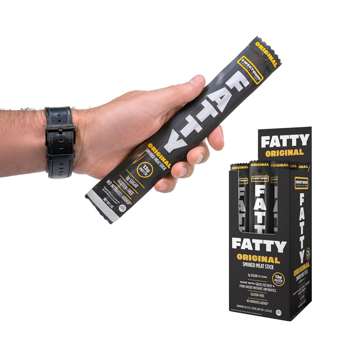FATTY Meat Sticks, Made with Grass Fed Beef, Pork Raised Without Antibiotics, 13g Protein Per Serving, Original, 2 oz. (Pack of 20)