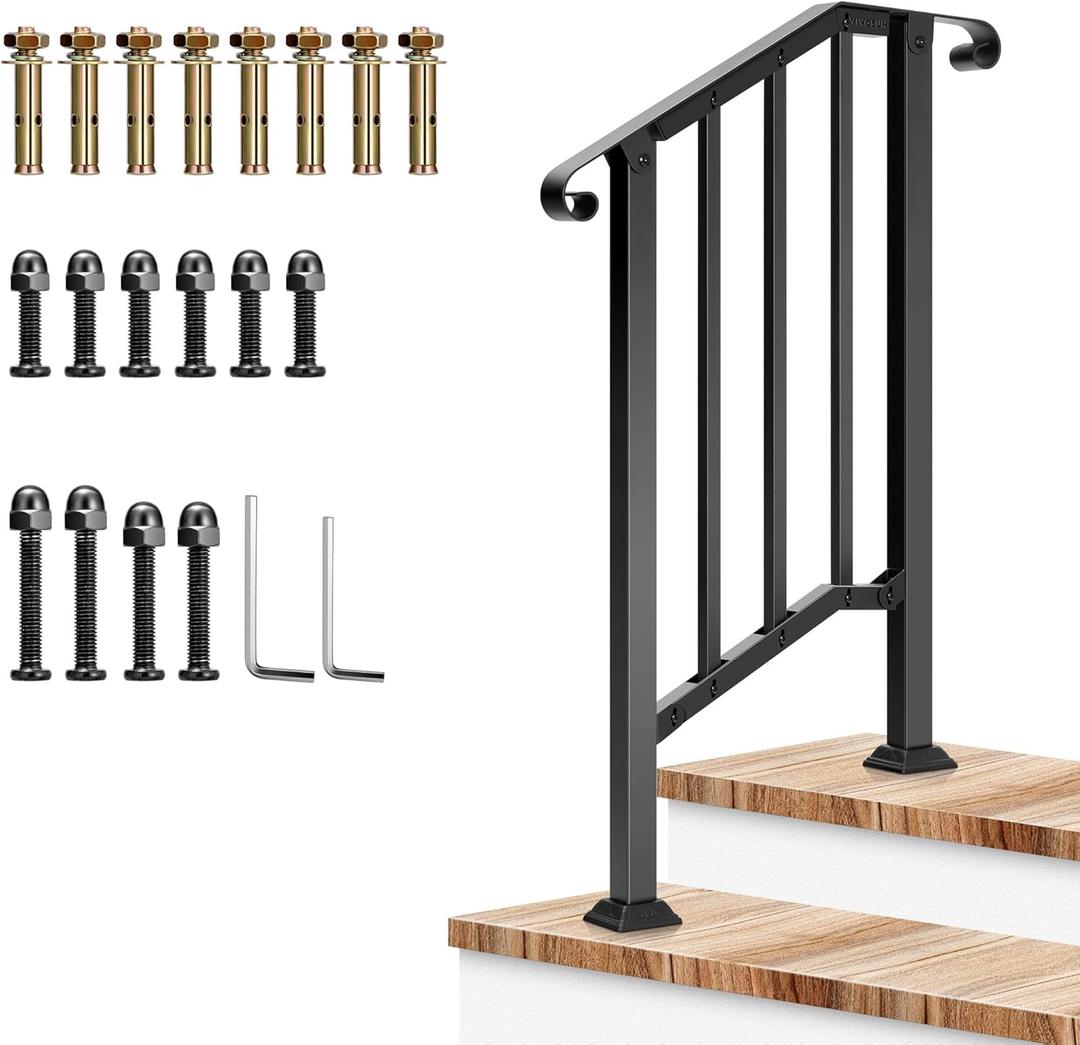 VIVOSUN Outdoor Handrail, 2 Step Stair Handrail, 26" x 36" Fits 1 to 2 Steps, Wrought Mattle Iron Stair Railing with Curved Ends and Balusters for Concrete Steps, Porch Steps, One-step Assembly, Black