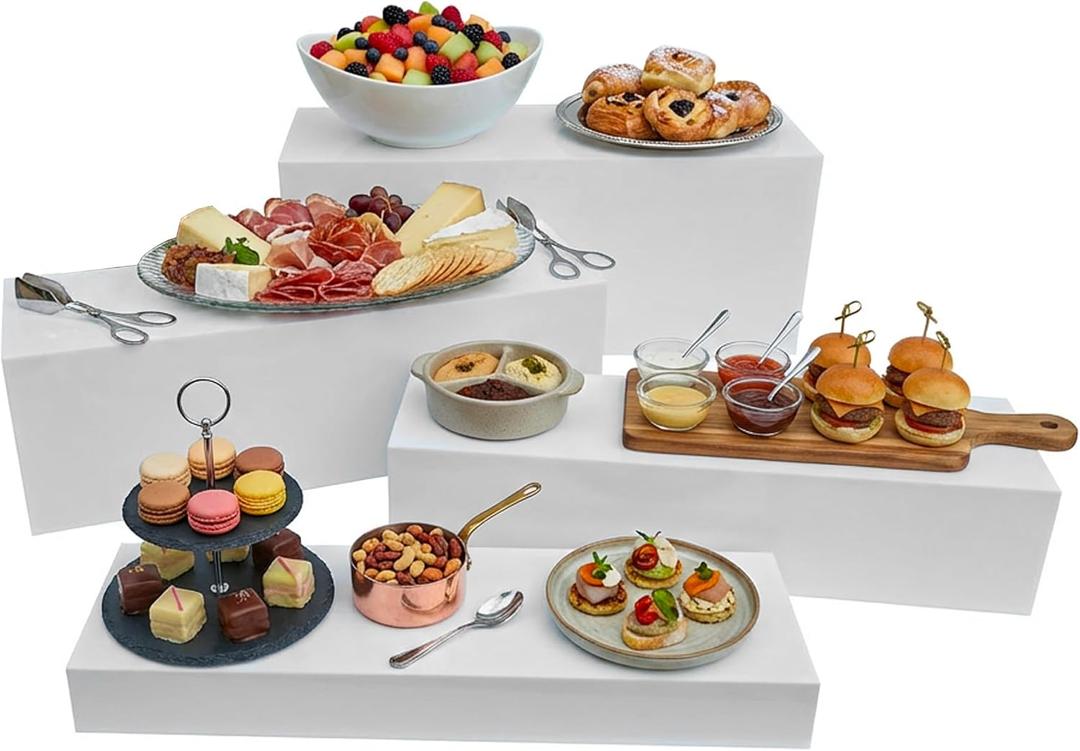 4cs Large Rectangle White Acrylic Buffet Riser Set Sizes (13" to 15") - Buffet Risers for Buffet Table, Display Stand Shelf for Catering Dessert Collectibles Jewelry Figures Show, Stackable Food Risers With Hollow Bottoms
